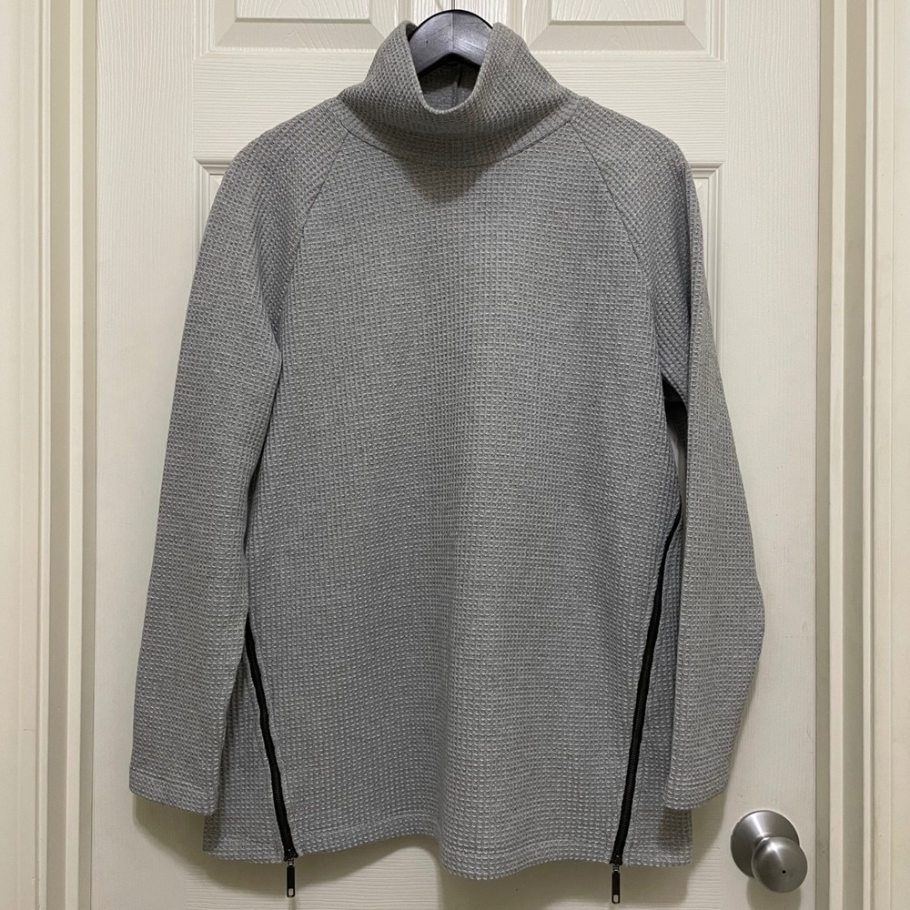 LL Bean Signature Waffle Knit Sweater Gray Side‎ Zip Turtleneck Fleece Lined L